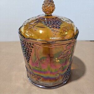 Indiana Glass Amber Marigold Carnival Glass Canister Jar & Lid Harvest Grape